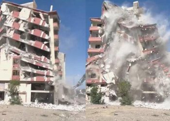 Elazığ’da ağır hasarlı bina, tek dokunuşla yerle bir oldu