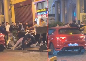 Taksim’de iki kümenin tekmeli yumruklu arbedesi kamerada