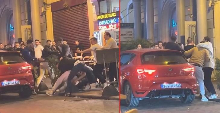 Taksim’de iki kümenin tekmeli yumruklu arbedesi kamerada