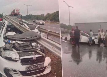 Anadolu Otoyolu’nda araba bariyerlere ok üzere saplandı: 3 yaralı