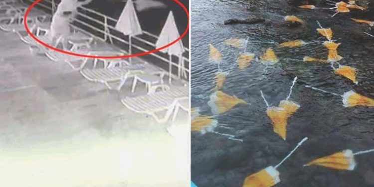 Havluyla yüzünü gizleyip dans etti, akabinde plaj şemsiyelerini denize attı