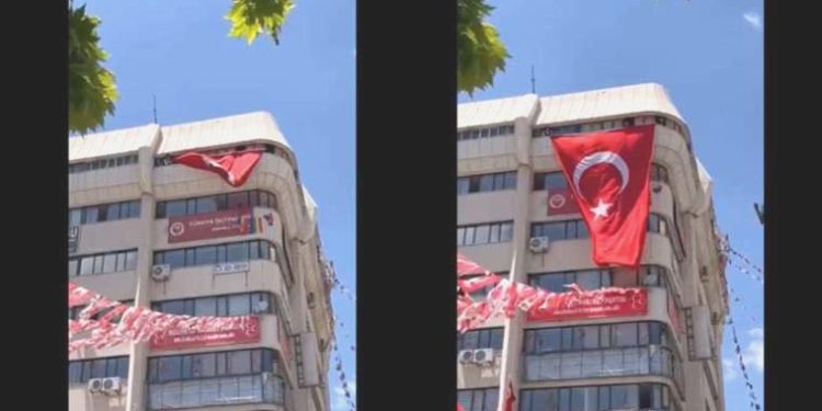 Konya’da TİP’in binasında bulunan LGBT bayrakları Türk bayrağıyla kapatıldı