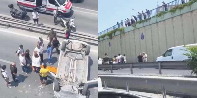 Zeytinburnu’nda vahim kaza… Üst yoldan D-100’e araba düştü!