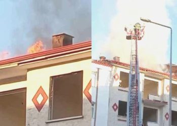 Elazığ’da zelzeleden sonra boşaltılan hasarlı binanın çatısında yangın çıktı!