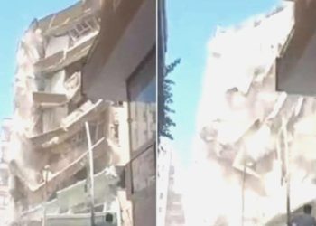 Ağır hasarlı 7 katlı bina yıkım sırasında çöktü