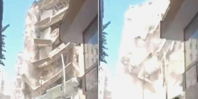 Ağır hasarlı 7 katlı bina yıkım sırasında çöktü